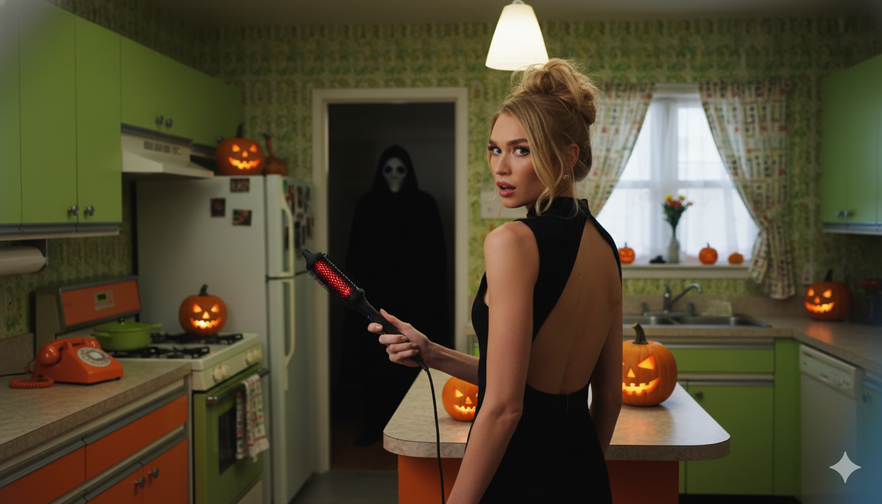 Mujer en cocina decorada para Halloween mostrando "peinados fáciles para lucir en Halloween" con plancha para el pelo.