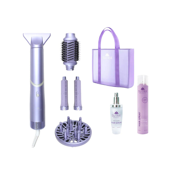 Kit Aero Styler con cinco barriles intercambiables, bolsa morada, sérum capilar y spray para peinados versátiles.