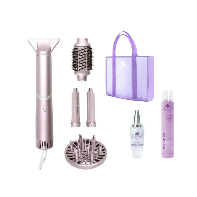 Kit Aero Styler con cinco barriles intercambiables, bolsa morada, sérum capilar y spray para peinados versátiles.