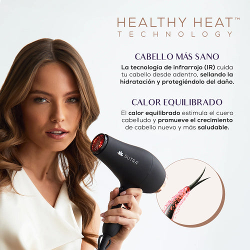 secador de pelo infrarrojo Sutra mostrando la tecnología Healthy Heat para un cabello más sano y saludable