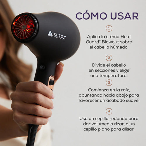 Instrucciones sobre cómo usar el secador de pelo infrarrojo Sutra con tecnología Healthy Heat.