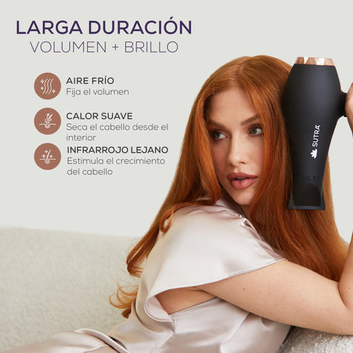 Secador de pelo infrarrojo Sutra, destaca su tecnología Healthy Heat para un secado suave y efectivo.