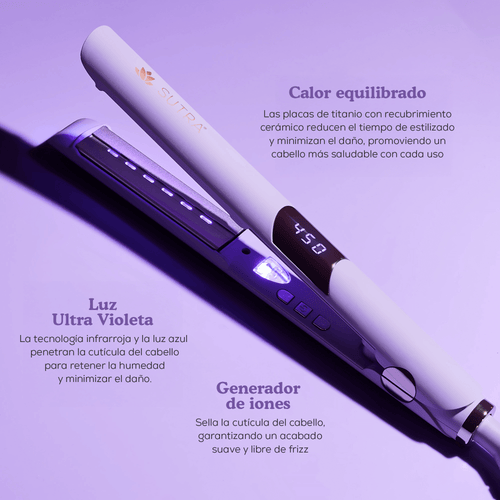 Plancha ultravioleta con tecnología de calor equilibrado y cepillo térmico alaciador para peinados suaves y sin frizz.