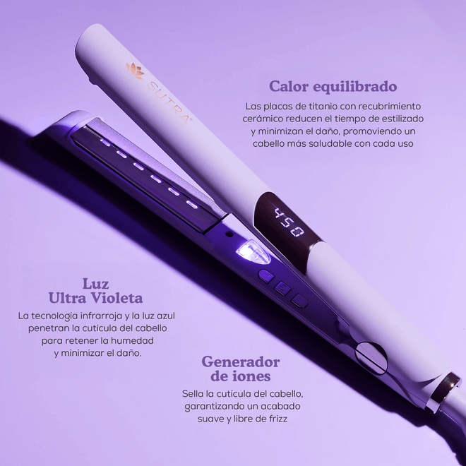 Plancha ultravioleta con tecnología de calor equilibrado y cepillo térmico alaciador para peinados suaves y sin frizz.