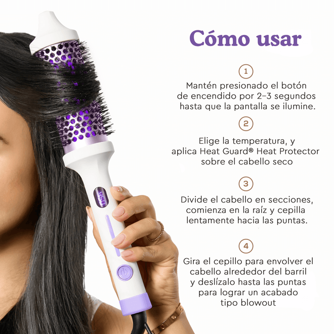 Mujer usando cepillo térmico ultravioleta SUTRA para peinado con instrucciones de uso detalladas al lado del producto.